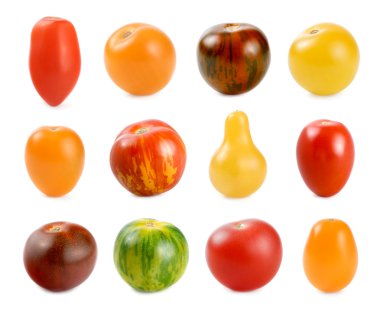 12 different sorts of tomatoes over white clipart