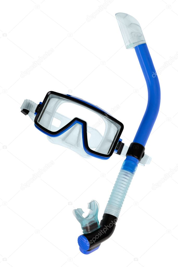 Diving goggles with snorkel on white