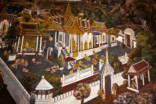 Traditionelle thailändische Kunstmalerei an der Tempelwand (ramayana s — Stockfoto