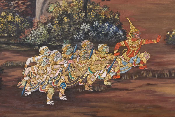 Arte tailandés pintura en la pared en el templo wat phra kaeo —  Fotos de Stock