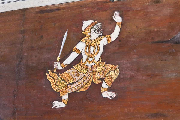 Sztuka tajski obraz na ścianie w świątyni wat phra kaeo — Zdjęcie stockowe
