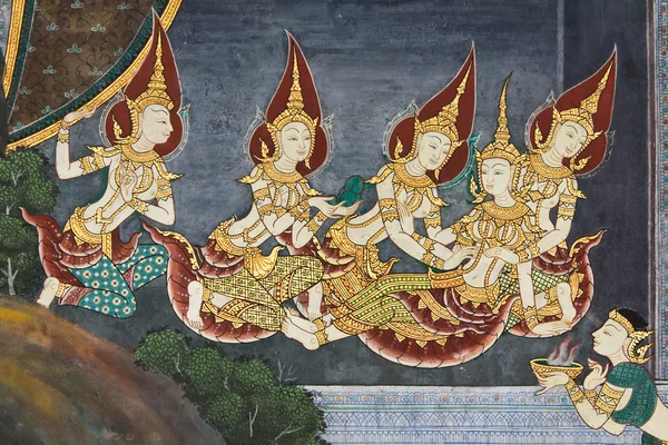 Arte tailandés pintura en la pared en el templo wat phra kaeo — Foto de Stock