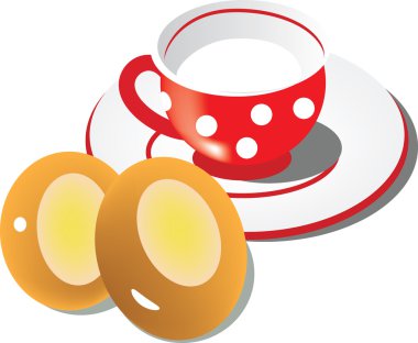 Red cup with white circles with milk and two cheesecakes. clipart