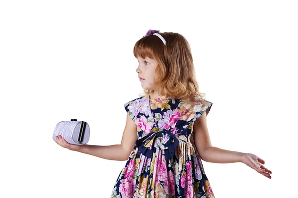 Little girl with a bag in hands — Stock Photo, Image