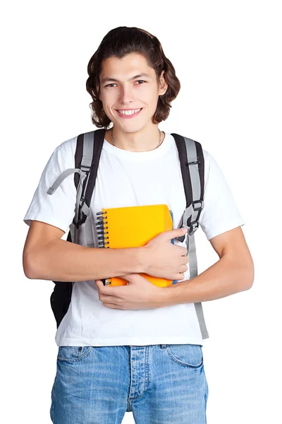 Student med en lärobok och skolväska — Stockfoto
