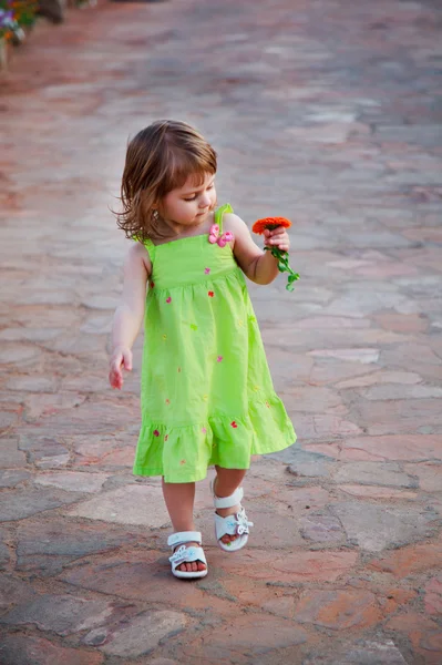 Обаятельный ребенок ходит по дороге и восхищается красивым апельсиновым цветком — стоковое фото