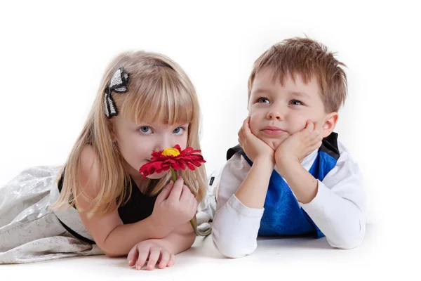 Очаровательный мальчик и девочка, нюхающие цветок — стоковое фото