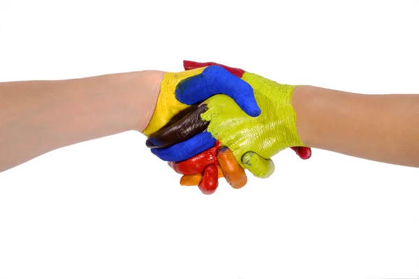 Painted hands handshaking with clipping path — Stock Photo, Image