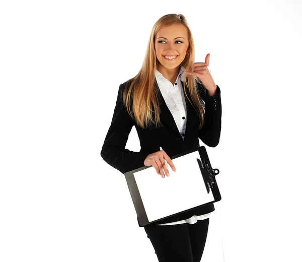 Business girl smiling and showing call me sign — Stock Photo, Image