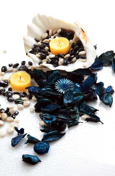 Kaarsen, seashell en potpourri — Stockfoto