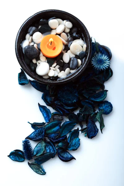 Orange Candle Black Bowl Blue Potpourri — Stock Photo, Image