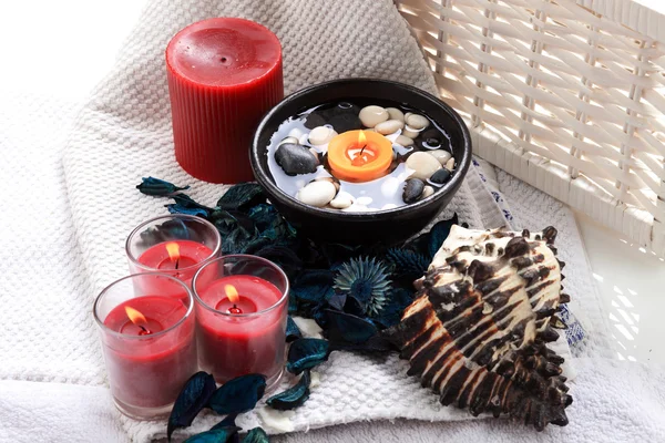 Seashell Candles Potpourri Placed Towel — Stock Photo, Image