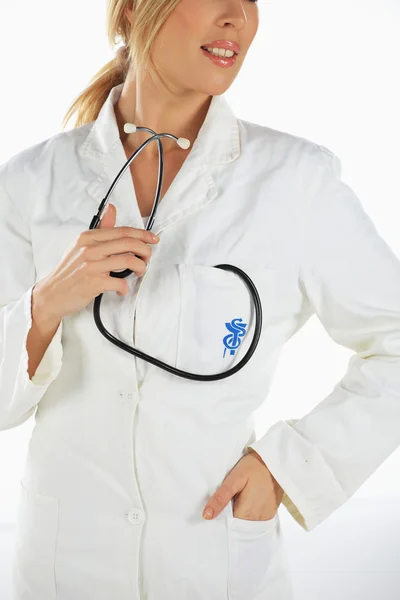 Enfermeira Sorrindo Com Estetoscópio Mão — Fotografia de Stock