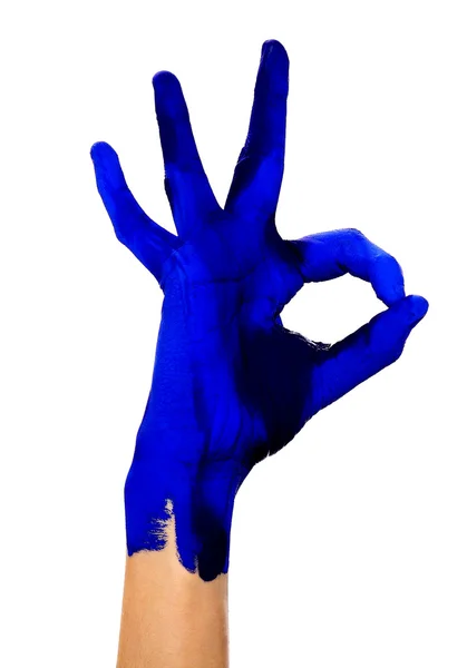 Peint Main Couleur Bleue Montrant Bon Signe — Photo