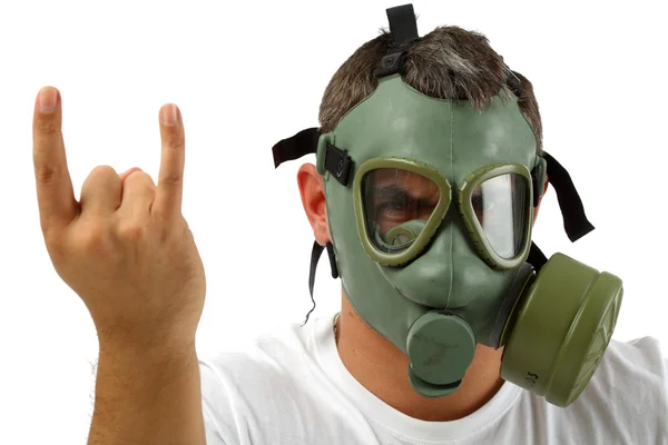 Man Gas Mask Sitting Showing Sign His Hand — Stock Photo, Image