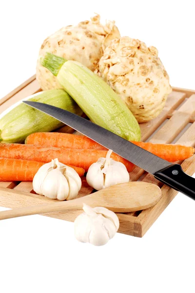 Vegetable Mix Knife Wooden Plate — Stock Photo, Image
