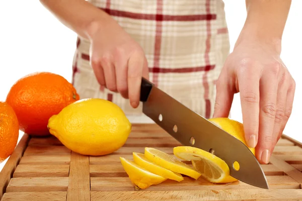 Girl Cutting Lemons Knife Wooden Plate — Stock Photo, Image