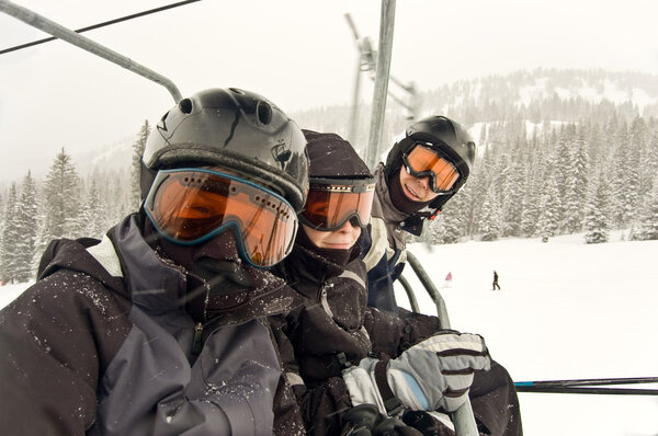 Father and kids on a chair lift