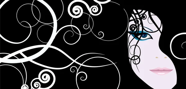 Visage Une Femme Aux Cheveux Longs Sur Fond Noir Motif — Image vectorielle