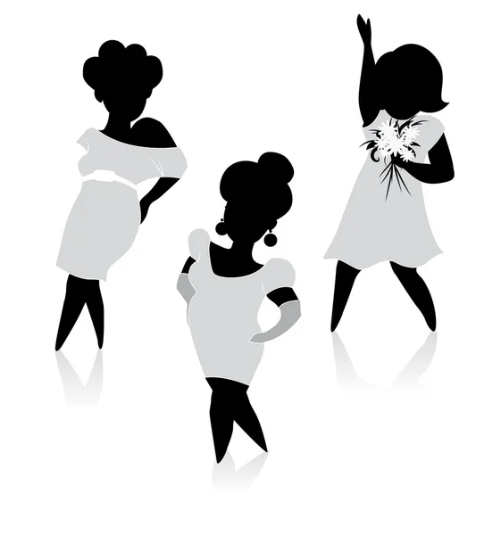 Drawing Funny Plump Women Fashionable Dresses Silhouette — Stock Vector