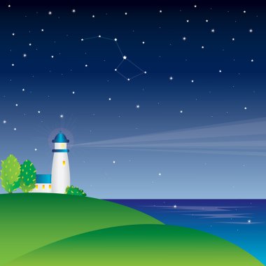Vector lighthouse on night sky with stars clipart