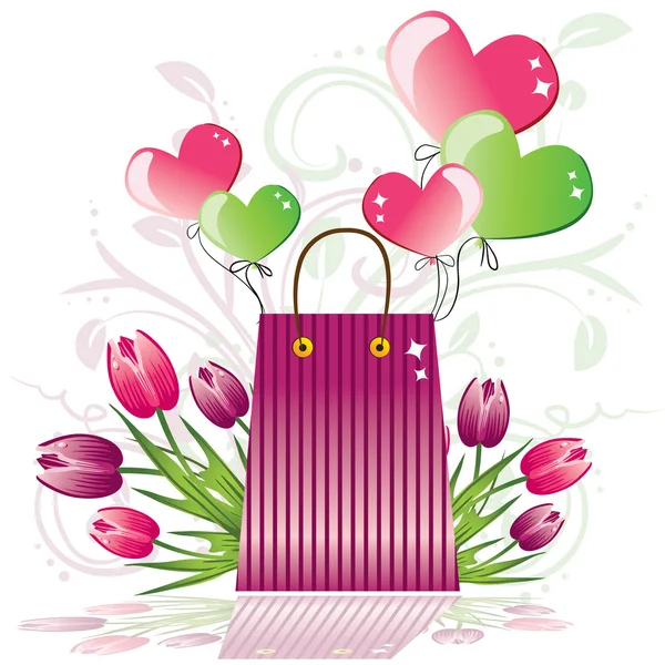 Ilustração de balão colorido e confete saindo do saco de compras — Vetor de Stock