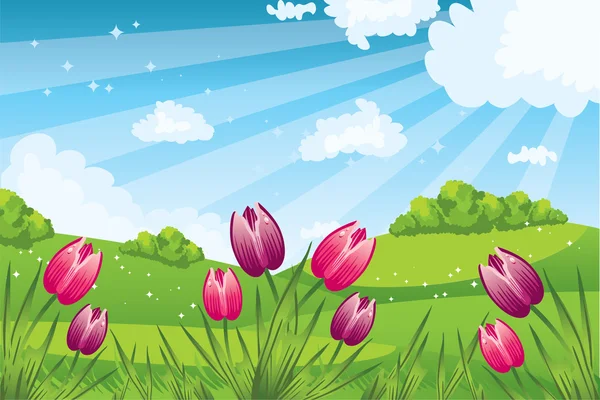 Pradera floral. con racimo de tulipanes — Vector de stock