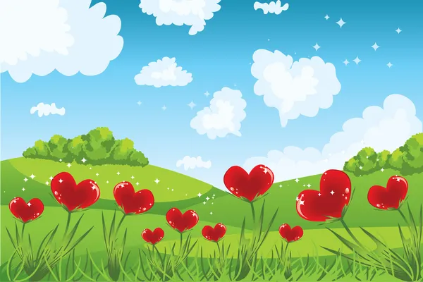 Srdce ve tvaru květiny s trávou a obloha — Stockový vektor
