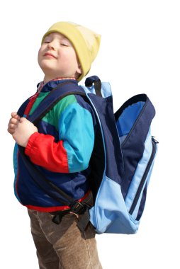 The boy stands proudly with open backpack, insulat clipart