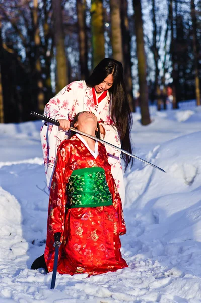 日本の着物の美しいブルネットの女の子 — ストック写真