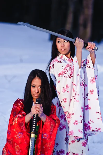 Hermosas chicas morenas en un kimono japonés —  Fotos de Stock