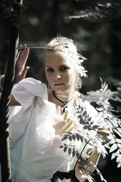 Retrato de mulher romântica na floresta de fadas — Fotografia de Stock