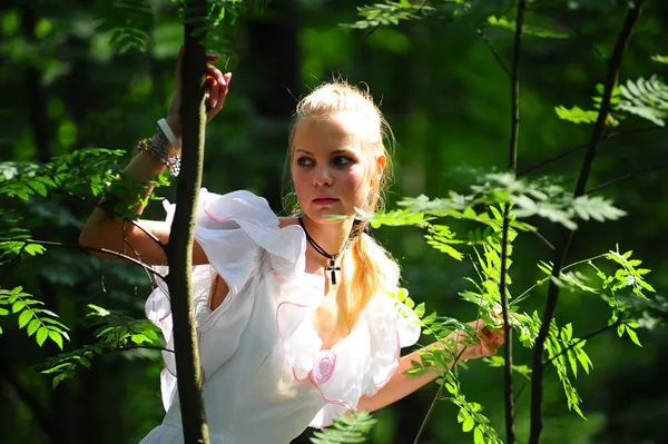 요정 숲에 있는 낭만적 인 여자의 모습 — 스톡 사진