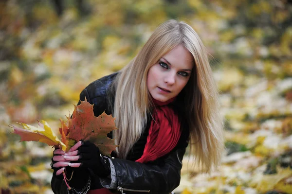 Dziewczyna z liści klonu jesienią — Zdjęcie stockowe