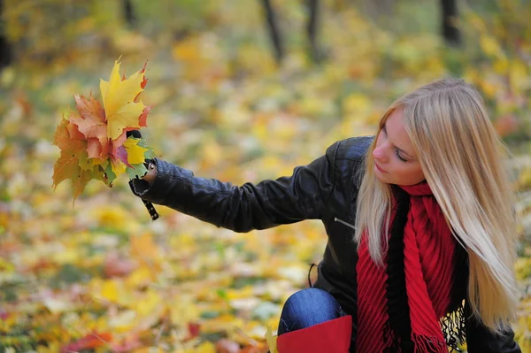 Девушка с осенними листьями клена — стоковое фото