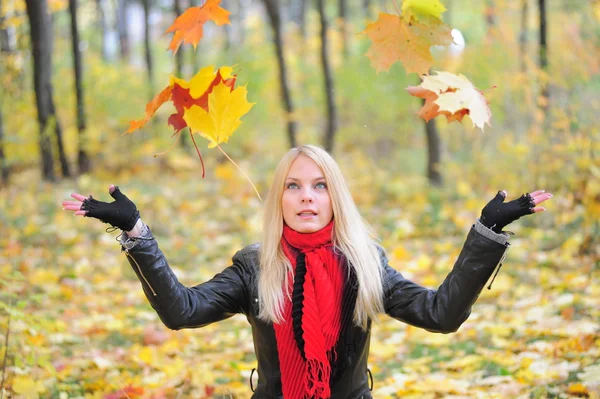 The girl throws leaves — Stock Photo, Image