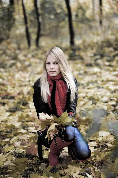 Chica con hojas de arce de otoño —  Fotos de Stock
