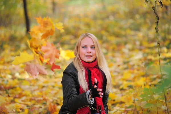 Menina com folhas de bordo de outono — Fotografia de Stock