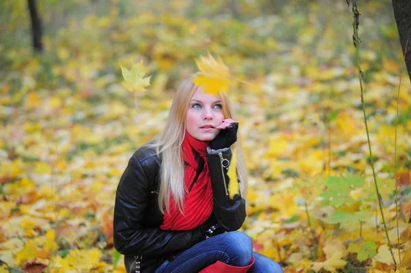 Dziewczyna z liści klonu jesienią — Zdjęcie stockowe