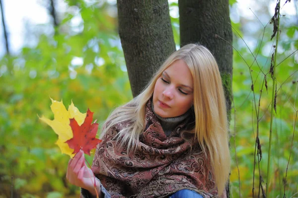 Chica con hojas de arce de otoño — Foto de Stock