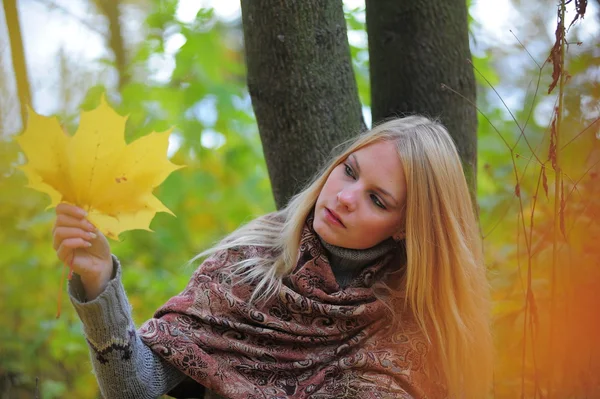 Menina com folhas de bordo de outono — Fotografia de Stock