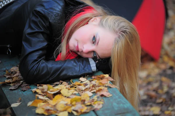 Young beautiful girl in autumn background — Stock Photo, Image