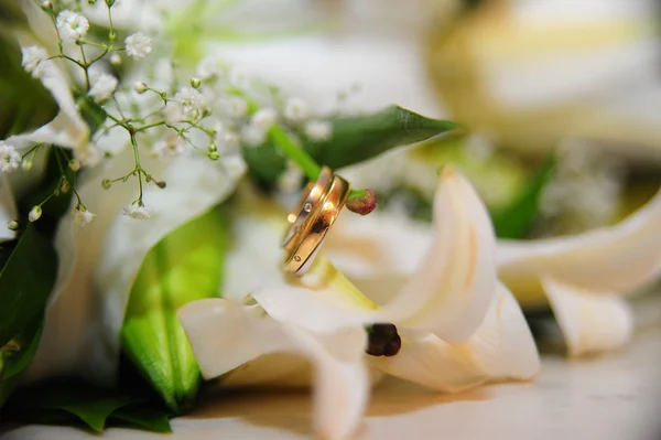 Snubní prsteny a lily — Stock fotografie