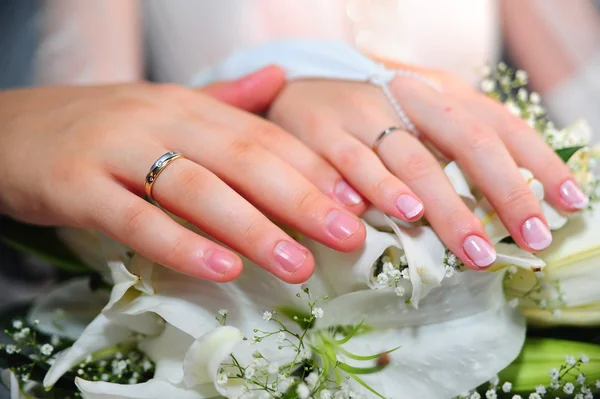 Bruden och brudgummen och vigselringar — Stockfoto