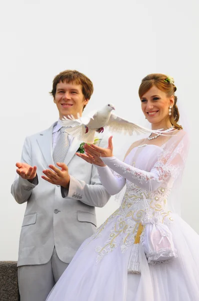 Одружена пара відпускає голубів — стокове фото