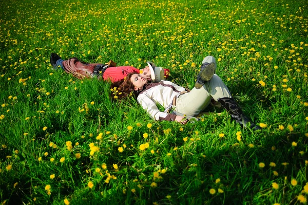 Glückliches Paar auf einem Gras liegend — Stockfoto