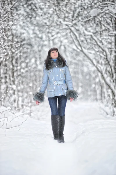 Jonge Mooie Vrouw Bosrijke Sneeuwtafereel — Stockfoto