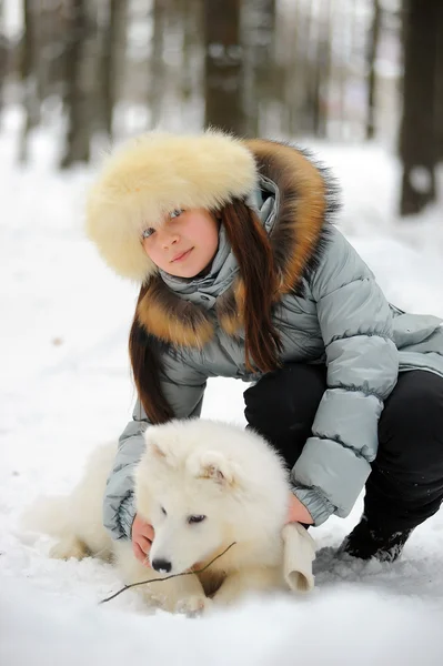 在冬天的萨摩狗的女孩 — 图库照片