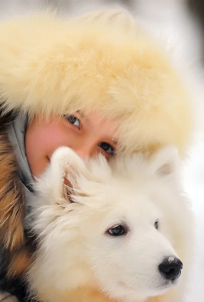 Girl Samoyed Dog Winter — Stock Photo, Image