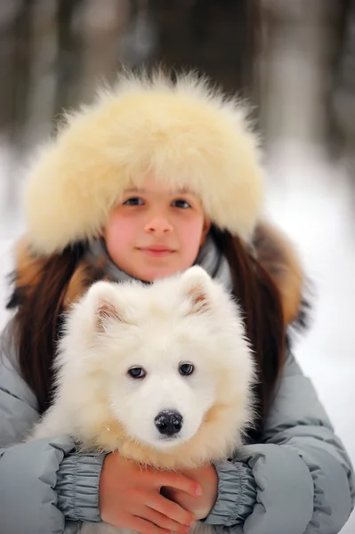 Samoyed Köpek Kış Ile Kız — Stok fotoğraf